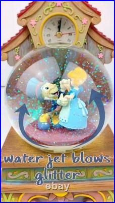 Disney Cinderella and Jiminy Cricket Snow globe Rare Clock Blows Glitter Bubbles