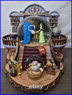 RARE 1991 Beauty and the Beast Library Double Snow Globe Music Box Works Disney